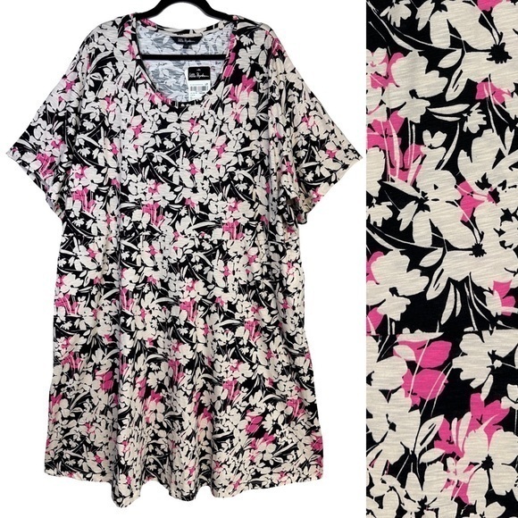 NEW Ulla Popken 100% Cotton Dark Floral Short Sleeve A-Line Dress Plus Size 32 - Picture 1 of 10